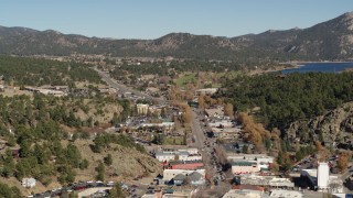 DX0001_001995 - 5.7K aerial stock footage reverse and flyby of road through Estes Park, Colorado