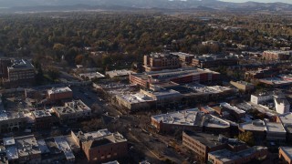 DX0001_002039 - 5.7K aerial stock footage of office buildings, shops, parking garage in Fort Collins, Colorado