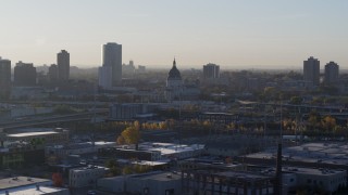 DX0001_002089 - 5.7K aerial stock footage of the domed cathedral at sunrise in Downtown Minneapolis, Minnesota