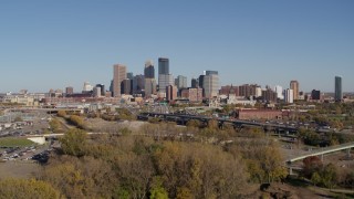 DX0001_002170 - 5.7K aerial stock footage slowly flying by I-394 freeway and the skyline of Downtown Minneapolis, Minnesota