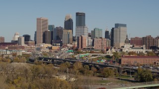 DX0001_002177 - 5.7K aerial stock footage of the I-394 freeway and the city skyline, Downtown Minneapolis, Minnesota