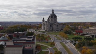 DX0001_002397 - 5.7K aerial stock footage of the Cathedral of Saint Paul, Minnesota seen during descent