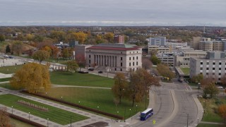 DX0001_002407 - 5.7K aerial stock footage of approaching the Minnesota Judicial Center courthouse building in Saint Paul, Minnesota