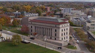 DX0001_002408 - 5.7K aerial stock footage of an approach to the Minnesota Judicial Center courthouse building in Saint Paul, Minnesota