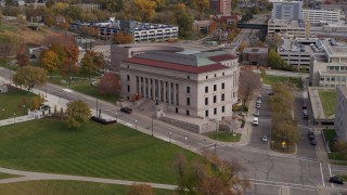 DX0001_002409 - 5.7K aerial stock footage of reverse view of the Minnesota Judicial Center courthouse building in Saint Paul, Minnesota