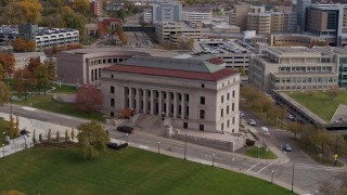 DX0001_002411 - 5.7K aerial stock footage of approaching the front of the Minnesota Judicial Center courthouse building in Saint Paul, Minnesota