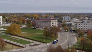 DX0001_002413 - 5.7K aerial stock footage fly away from the Minnesota Judicial Center courthouse building in Saint Paul, Minnesota and descend