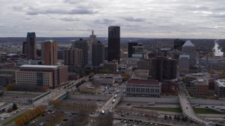 DX0001_002415 - 5.7K aerial stock footage of descending with view of the city's downtown skyline in Downtown Saint Paul, Minnesota