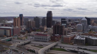 DX0001_002418 - 5.7K aerial stock footage of a reverse view of the city's downtown skyline in Downtown Saint Paul, Minnesota