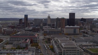 DX0001_002432 - 5.7K aerial stock footage of a reverse view of the city skyline, Downtown Saint Paul, Minnesota