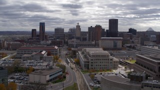 DX0001_002436 - 5.7K aerial stock footage of the city skyline seen during descent, Downtown Saint Paul, Minnesota