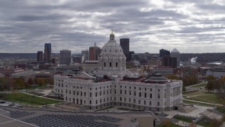 DX0001_002439 - 5.7K aerial stock footage orbit state capitol building with city's skyline in the background, Downtown Saint Paul, Minnesota
