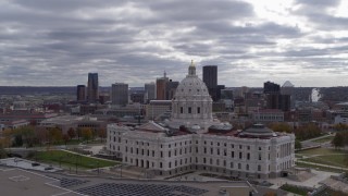 DX0001_002441 - 5.7K aerial stock footage of city's skyline in the distance, seen during flyby of the state capitol building, Downtown Saint Paul, Minnesota
