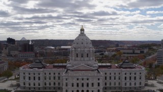 DX0001_002442 - 5.7K aerial stock footage of the state capitol building, with part of downtown in the background, Saint Paul, Minnesota