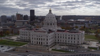 DX0001_002443 - 5.7K aerial stock footage orbit state capitol building, with city skyline in background, Saint Paul, Minnesota