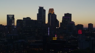 DX0001_002568 - 5.7K aerial stock footage of the city skyline at twilight, Downtown Minneapolis, Minnesota