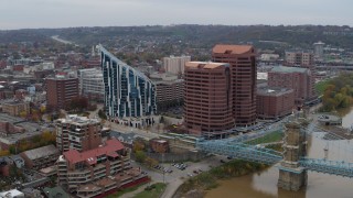 DX0001_002621 - 5.7K aerial stock footage modern condominium complex and two riverfront office buildings in Covington, Kentucky