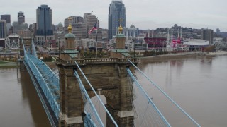 DX0001_002644 - 5.7K aerial stock footage orbit flags on top of the Roebling Bridge, reveal the city skyline, Downtown Cincinnati, Ohio