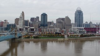 DX0001_002645 - 5.7K aerial stock footage of the city's downtown skyline across the Ohio River, Downtown Cincinnati, Ohio