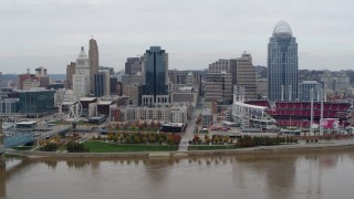 DX0001_002648 - 5.7K aerial stock footage flyby the city's downtown skyline and baseball stadium by the Ohio River, Downtown Cincinnati, Ohio