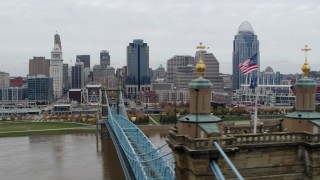 DX0001_002650 - 5.7K stock footage aerial video flyby the city's downtown skyline, seen from a bridge spanning Ohio River, Downtown Cincinnati, Ohio