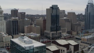DX0001_002676 - 5.7K aerial stock footage of approaching the Scripps Center skyscraper in Downtown Cincinnati, Ohio