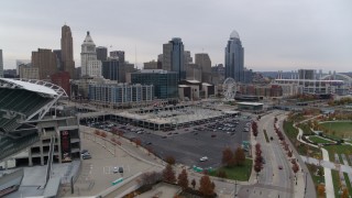 DX0001_002679 - 5.7K aerial stock footage of the city's skyline seen from the football stadium in Downtown Cincinnati, Ohio