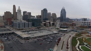 DX0001_002687 - 5.7K aerial stock footage flyby view of city's skyline, and approach apartment and office buildings in Downtown Cincinnati, Ohio