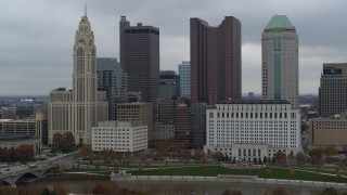 DX0001_002703 - 5.7K aerial stock footage four tall skyscrapers in the city's skyline in Downtown Columbus, Ohio