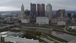 DX0001_002732 - 5.7K aerial stock footage flyby the city's skyline and Scioto River, Downtown Columbus, Ohio