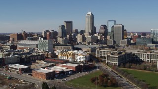 DX0001_002837 - 5.7K aerial stock footage of ascending for a view of the city's skyline in Downtown Indianapolis, Indiana