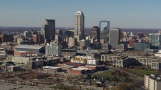 DX0001_002855 - 5.7K aerial stock footage of tall skyscrapers in the city's skyline in Downtown Indianapolis, Indiana