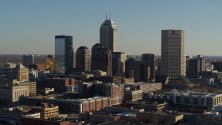 DX0001_002882 - 5.7K aerial stock footage of passing skyscrapers in the skyline of Downtown Indianapolis, Indiana