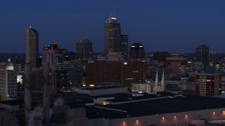 DX0001_002969 - 5.7K aerial stock footage the giant skyscrapers of the city skyline at twilight, Downtown Indianapolis, Indiana