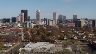 DX0001_002978 - 5.7K aerial stock footage of a view of the city's skyline during ascent, Downtown Louisville, Kentucky