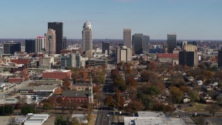 DX0001_002983 - 5.7K stock footage aerial video ascend and approach the city's skyline, Downtown Louisville, Kentucky