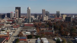 DX0001_002985 - 5.7K stock footage aerial video a view of the city's skyline, seen during descent in Downtown Louisville, Kentucky