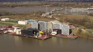 DX0001_003010 - 5.7K stock footage aerial video piers on the Ohio River in Louisville, Kentucky