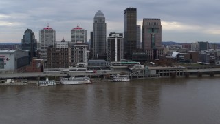 DX0001_003038 - 5.7K aerial stock footage of hotel and skyline seen from the river in Downtown Louisville, Kentucky