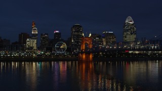 DX0001_003190 - 5.7K aerial stock footage stationary view of the city's skyline across the Ohio River at twilight, Downtown Cincinnati, Ohio