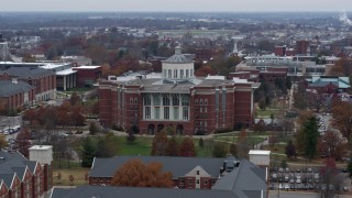 DX0001_003249 - 5.7K aerial stock footage flyby and approach a University of Kentucky library, Lexington, Kentucky
