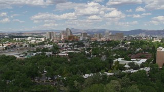 DX0001_004_048 - 5.7K aerial stock footage of approaching hotels and casinos of the city's skyline in Reno, Nevada