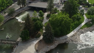 DX0001_006_033 - 5.7K aerial stock footage of a bird's eye view of the Truckee River and Wingfield Park in Reno, Nevada