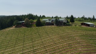 DX0001_009_017 - 5.7K aerial stock footage of flying over Phelps Creek Vineyards toward a hilltop home in Hood River, Oregon