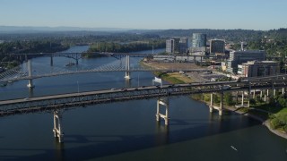 DX0001_011_005 - 5.7K aerial stock footage of the Marquam Bridge (I-5) spanning the Willamette River, South Portland, Oregon
