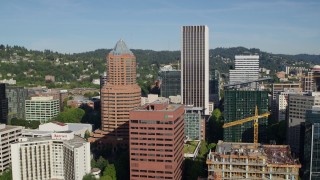 DX0001_011_011 - 5.7K aerial stock footage of KOIN Center, Wells Fargo Center, downtown buildings and skyscrapers, Downtown Portland, Oregon