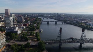 DX0001_011_020 - 5.7K aerial stock footage of bridges spanning the Willamette River, Downtown Portland, Oregon