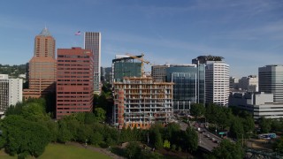 DX0001_011_034 - 5.7K aerial stock footage view of new construction near the Umpqua Bank Plaza in Downtown Portland, Oregon