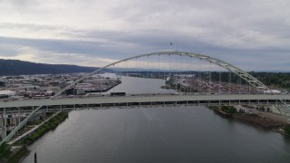 DX0001_013_011 - 5.7K aerial stock footage of heavy traffic on Fremont Bridge, sunset, Portland, Oregon