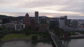 DX0001_014_013 - 5.7K aerial stock footage of a wide view of the Downtown Portland skyline at sunset, Oregon